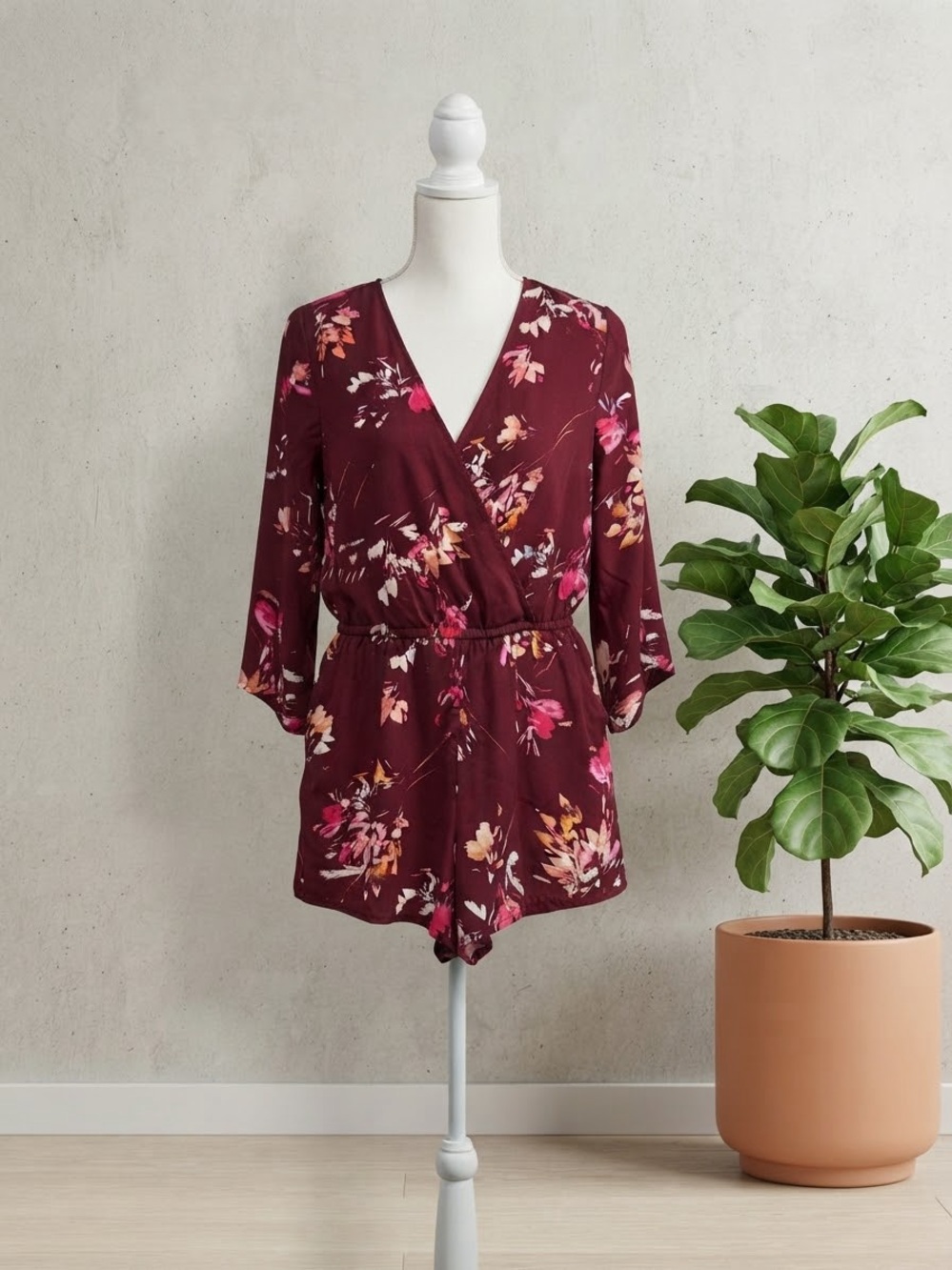 Arizona Jean Company Burgundy Floral Wrap Romper
